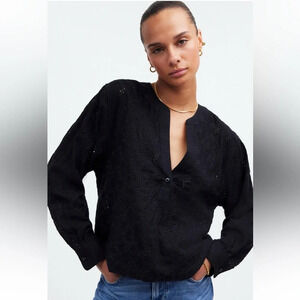 Madewell Long Sleeve Popover Top Black Eyelet Women's Size Medium New With Tags